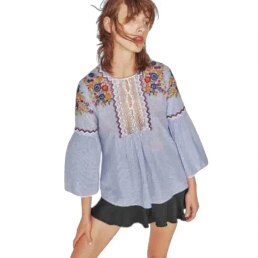 Zara Blue Floral Embroidered Top